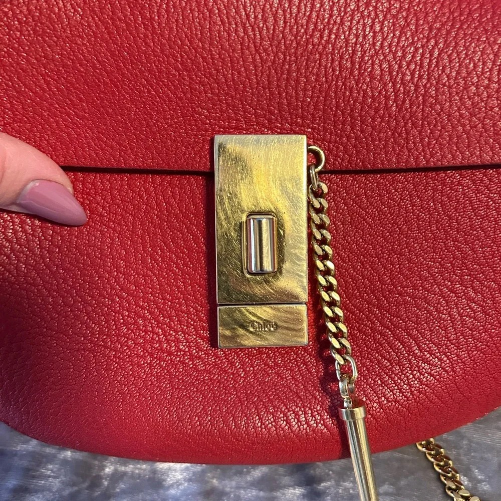 Chloe Red Leather Small Crossbody Saddle Bag with Gold Hardware - Picture 6 of 10